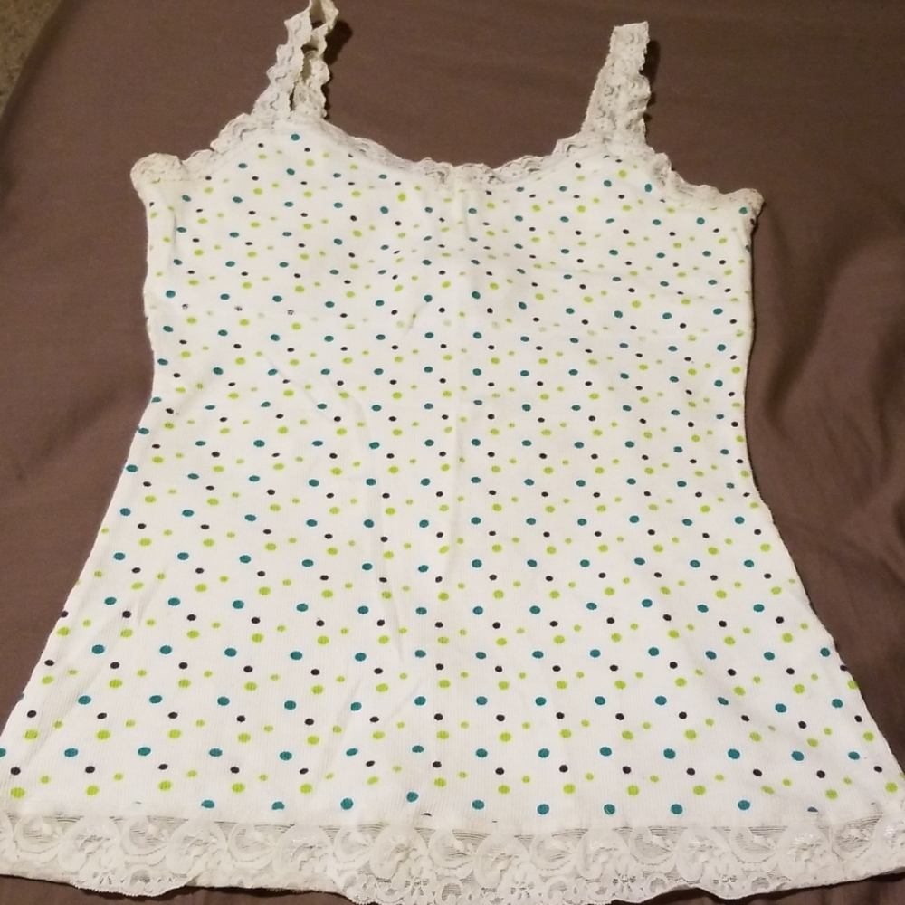 White tank with lace straps, colored polka dots